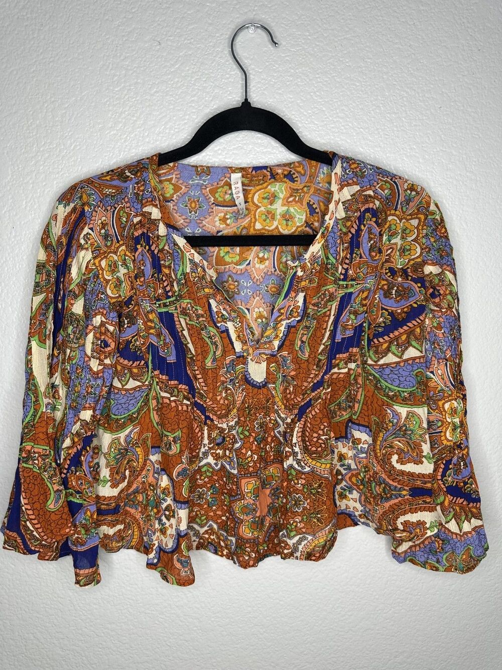 Raga Blouse Womens Small Multicolor Paisley Boho Cropped Bell Sleeve V Neck Top